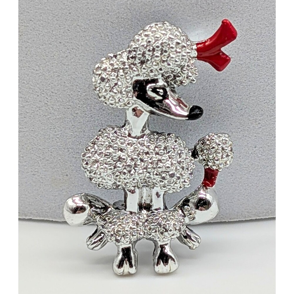 Silver Tone Poodle Dog Brooch Pin Red Black Enamel 1.25"
